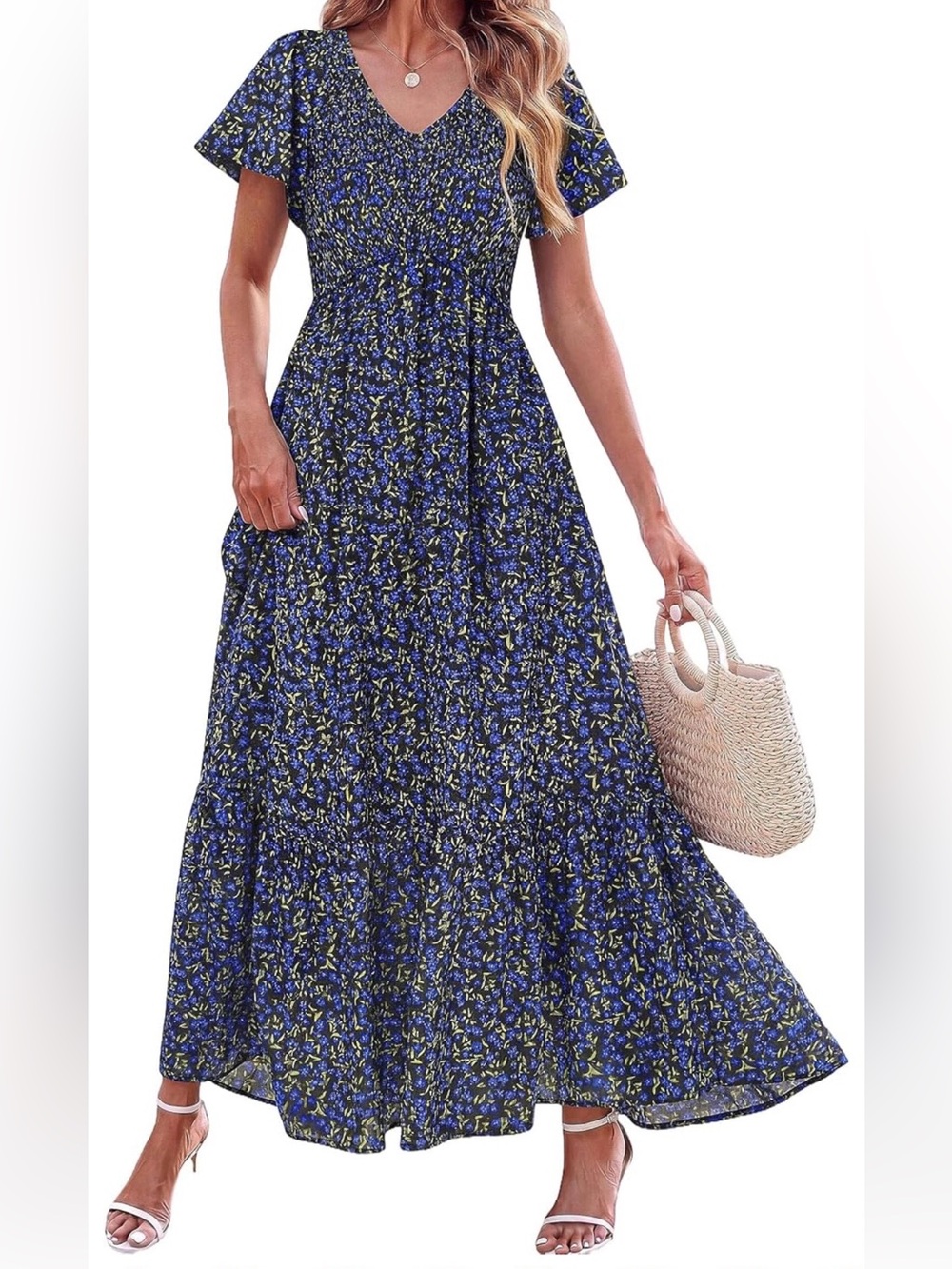 Nice pretty garden b-neck maxi dress with pockets blue and black floral